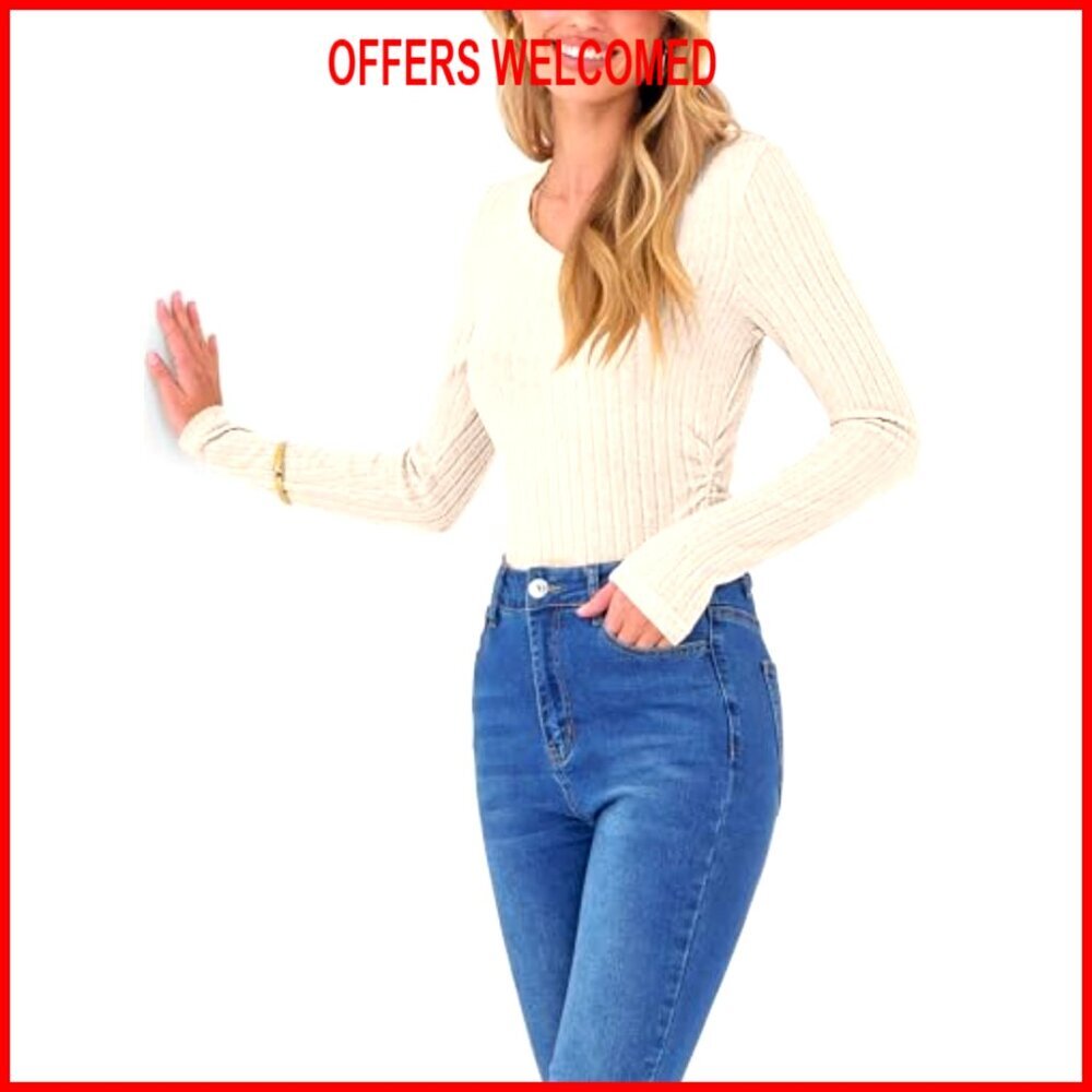 Long Sleeve V Neck Ribbed Knit Slim Fit Lightweight Sweater Tunic Shirt - Picture 6 of 6